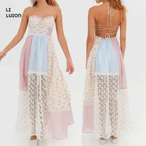 Women Summer Maxi Dress Elegance Mixed Print Patchwork Lace-up Back Sweetheart-neckline A-line Hem Comfort Vocation Dress