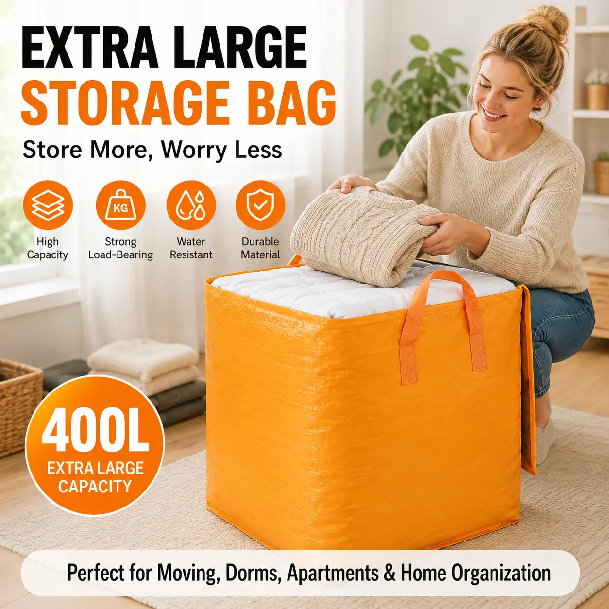 Extra Large 400L Storage Bags, Heavy Duty Moving Bags with Handles, Tear Resistant Clothing Organizer for College Dorm, Apartment & Home Organization