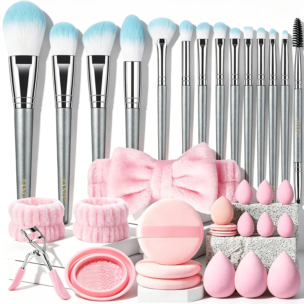 All-In-1 Makeup Brush & Tool Kit with Grey Handle, Blue Gradient Bristles, Beauty Sponges, Round Velvet Powder Puffs, Plush Bow Hairband, Wristbands, Eyelash Curler, Pink Silicone Cleaner Bowl for Daily & Travel Use, Fluffy, Pastel