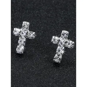 Rhinestone Cross Design Stud Earrings (1 Pair), Elegant Jewelry for Party, Daily Clothing Decor for Girl, Trendy All-match & Exquisite Jewelry for Birthday Gift