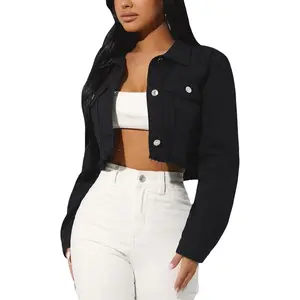 Women's Washed Distressed Denim Jacket Long Sleeve Ripped Button Up Cropped Jean Jacket