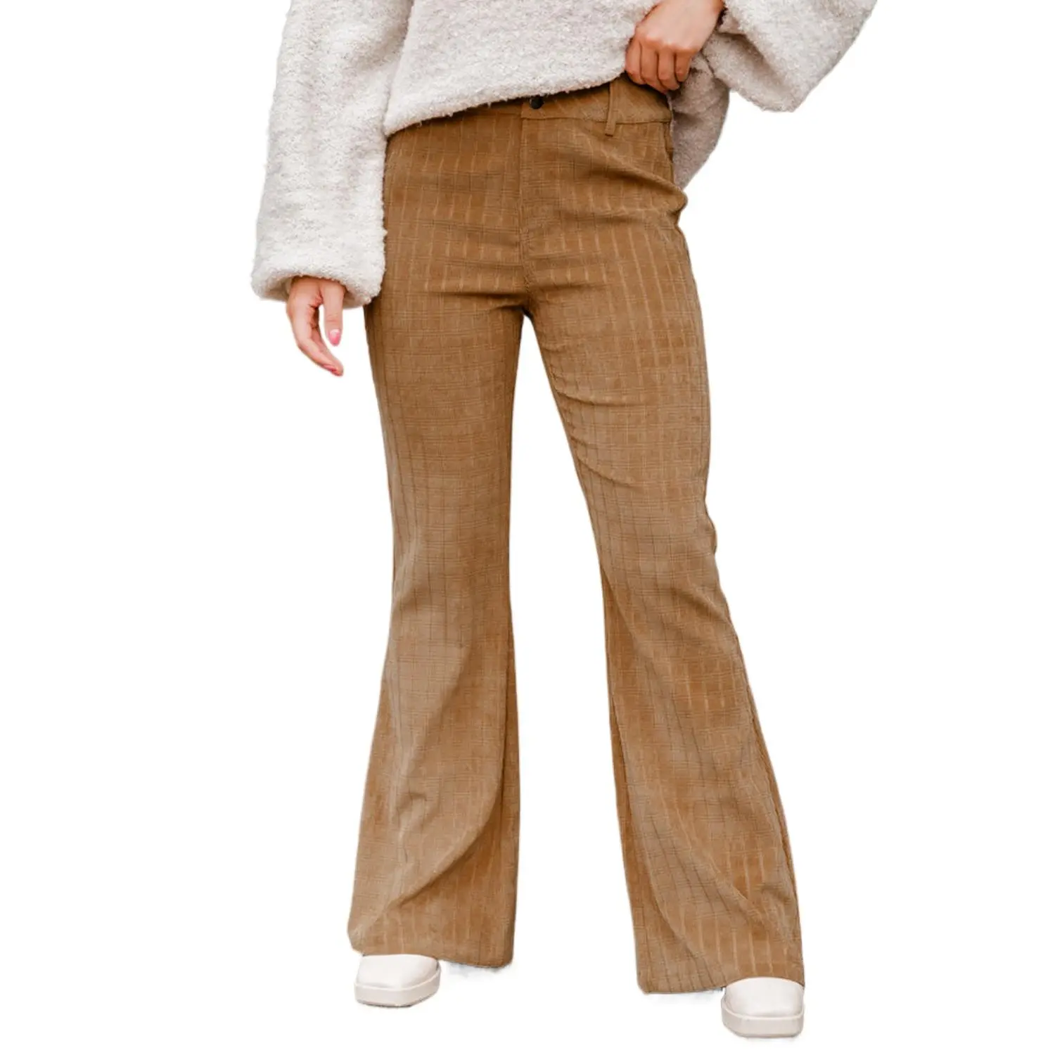 Women's Grapefruit Orange Checkered Corduroy Flare High Waist Pants for Casual and Stylish Outfits