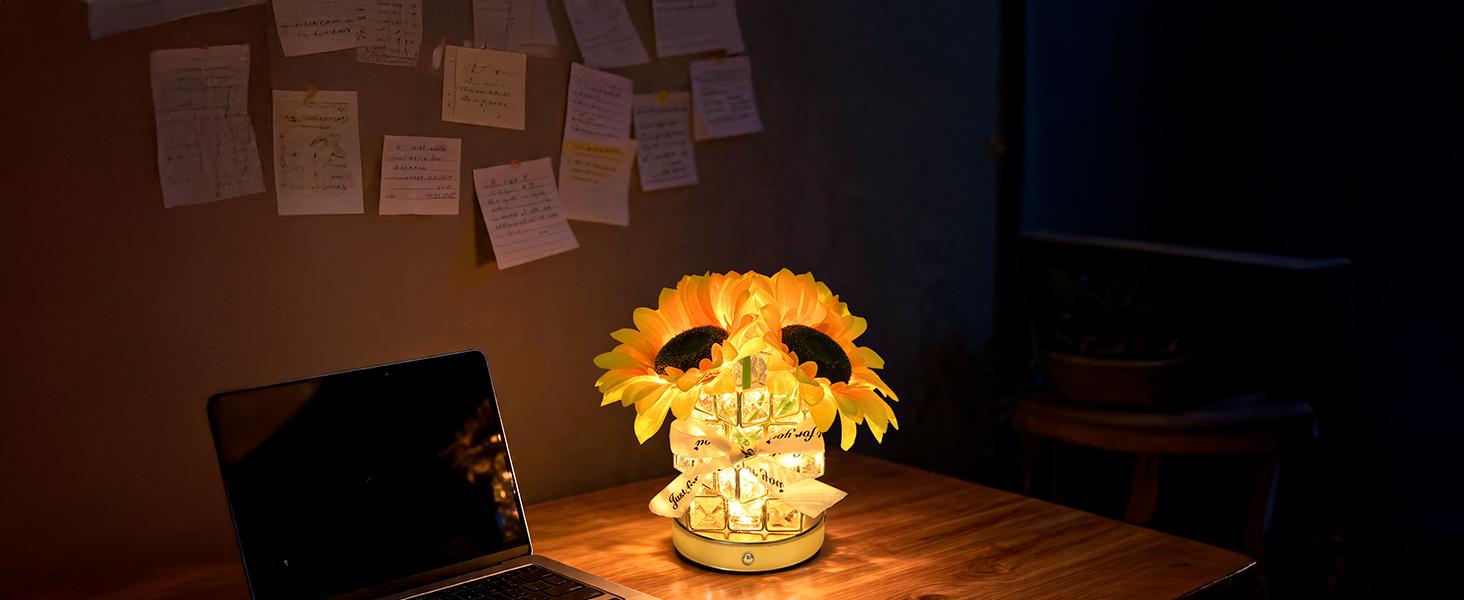 Ivydale Handmade Sunflower Table Lamp - Rechargeable Cordless Touch Lamp, 3-Colour Infinitely Dimming Small Night Light, 5-8 Hours Use, Valentines Day Gifts for Women, Festive Decor for Bedroom, Crystal Vase Companion Home Supply, Table Lamps