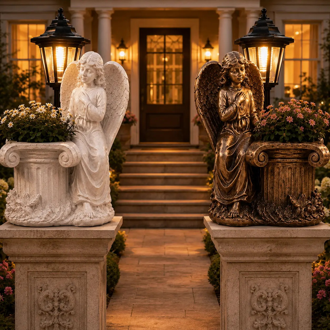 Elegant Angel Statues for Garden Decor - White & Gold Finish - Perfect for Outdoor Landscaping & Home Aesthetics