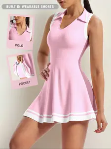 Women's Yoga Sport Casual Dress, Tennis Athletic Dress, Slim Fit Fitness Running Exercise Sleeveless Polo Neck Skirt, Comfortable Commute Outdoor Sexy Pocket Shorts, Tennis Sports Dress