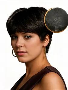 Natural Black 6 Inch Layered Straight Pixie Bob Human Hair Wig with Bangs, Full Machine Made Construction, Delicate Layered Cut, Silky Texture, Comfortable Fit for Women's Daily Fashion Styling