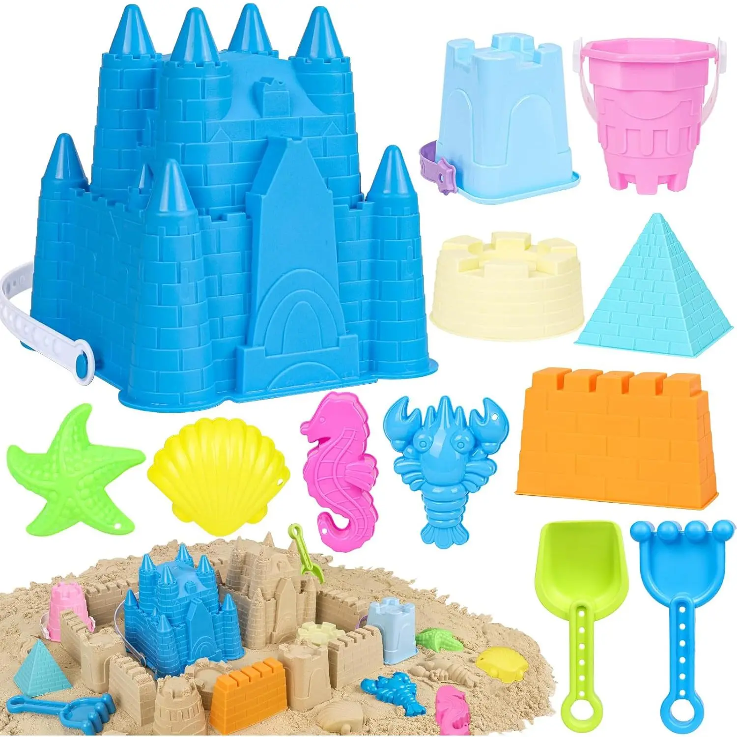 P-TBT064  Beach Toys Sand Toys for Kids, Sand Castle Toys with Castle Bucket, Sand Molds, Shovel and Rake, Sandbox Toy for Toddlers 1-3 4 5 6 7 8 9 10 12, Beach Summer Accessories for Kids