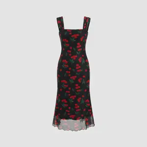 Cider [2 colors, size 0-26] Mesh Square Neck Cherry Lettuce Trim Maxi Dress