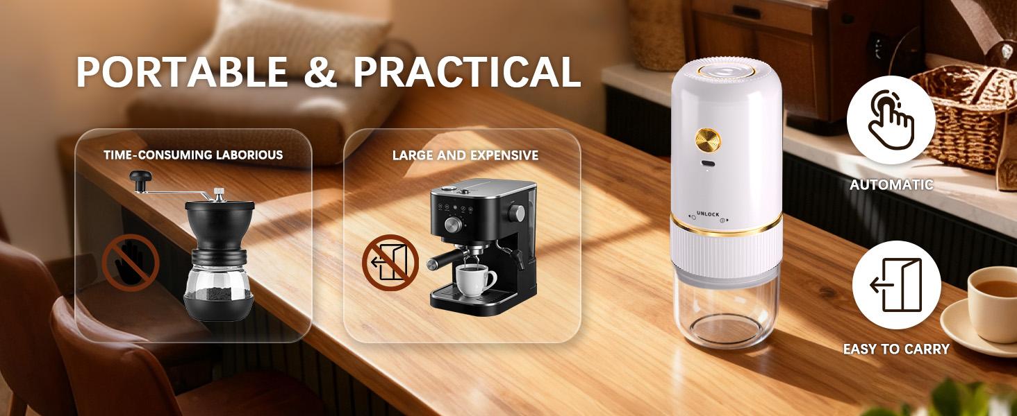 Portable Electric Coffee Grinder, Automatic Coffee Grinder with USB Type-C wireless charging design, Adjustable Coarse to Fine for coffee beans, grains, cleaning brush + cable Includes Portable Electric Coffee Grinder, Automatic Coffee Grinder with USB Type-C wireless charging design, Adjustable Coarse to Fine for coffee beans, grains, cleaning brush + cable Includes
