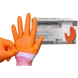 Industrial Orange Disposable Gloves, Flock-Lined  Gloves, Raised  Textured Grip, 8 mil