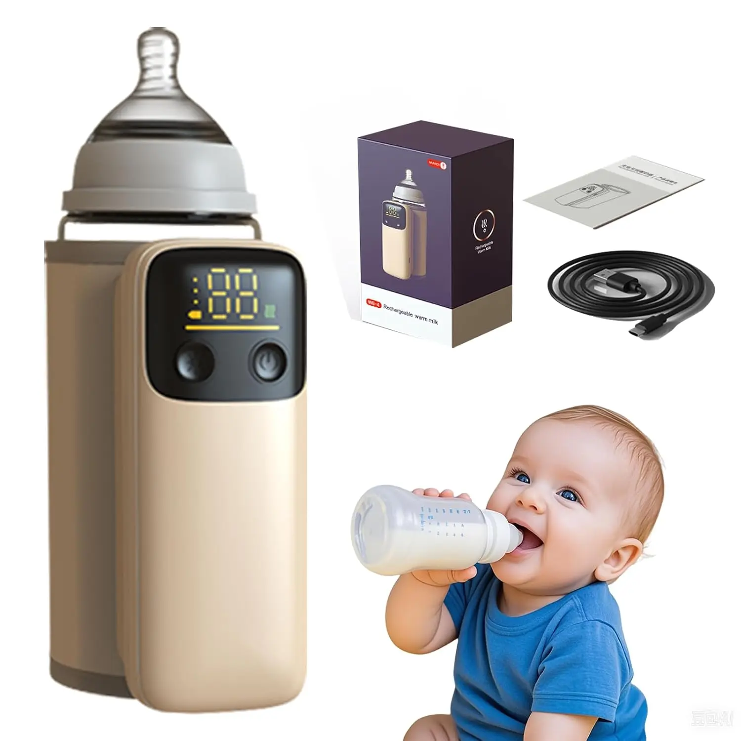Portable Fast Bottle Warmer for Travel, PU Insulated Design with 6 Heat Levels, 360-Degree Heating, 4-6 Hour Warm Keeping, Real-Time Temp Display & Night Light, Fast Bottle Warmers, 7.2Cm