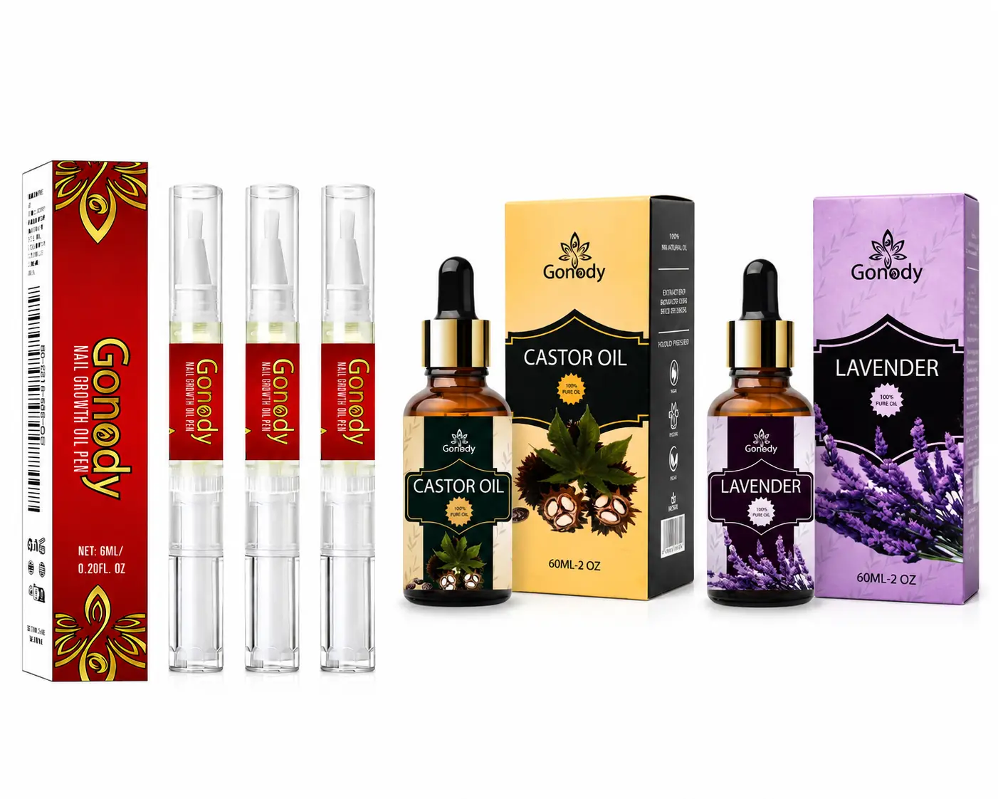 GONODY Natural Beauty Oil Collection - Organic Castor Oil 60ml, Lavender Essential Oil 60ml & Nail Growth Oil Pen 6ml