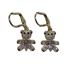 14k Plated Gold Bear Earring with Silver Heart Stone