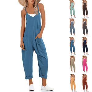 Molitree Women's Causal Jumpsuits V Neck Sleeveless Harem Overalls Stretchy Adjustable Strap Romper with Pockets