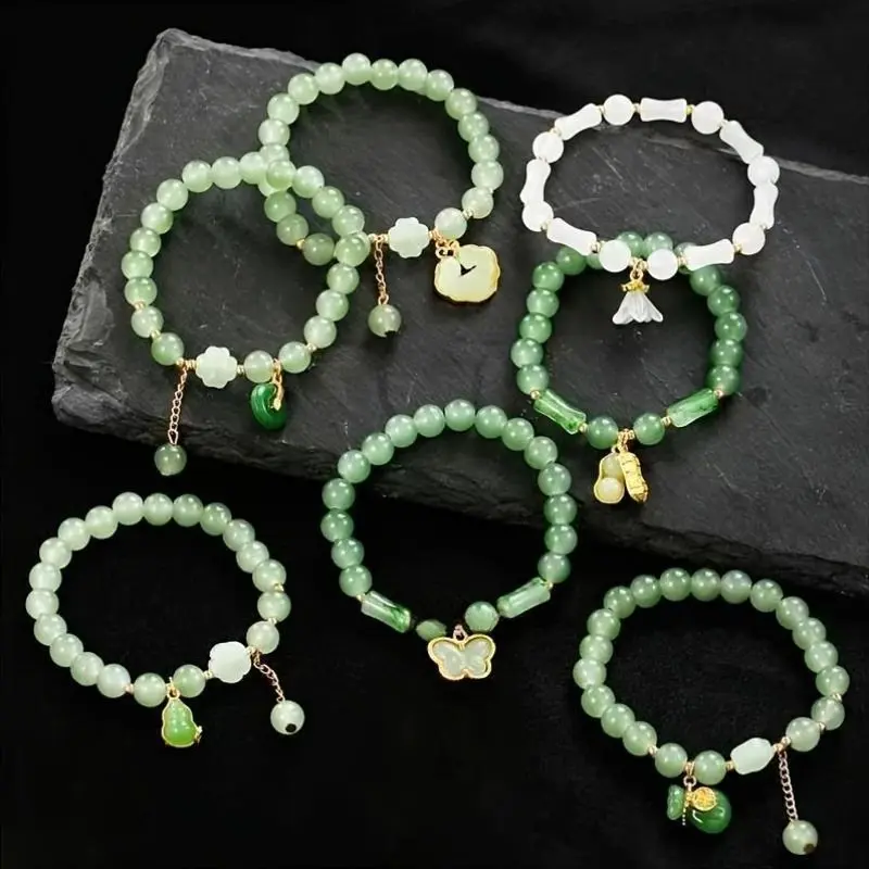 Women's 7Pcs Premium Green Jade Beaded Stretch Bracelet Set - Chinese-Style, Gold-Plated Auspicious Accents, Traditional Healing Jewelry, Ideal Daily/Holiday Gift (Sports & Outdoor Protective Gear Accessory)