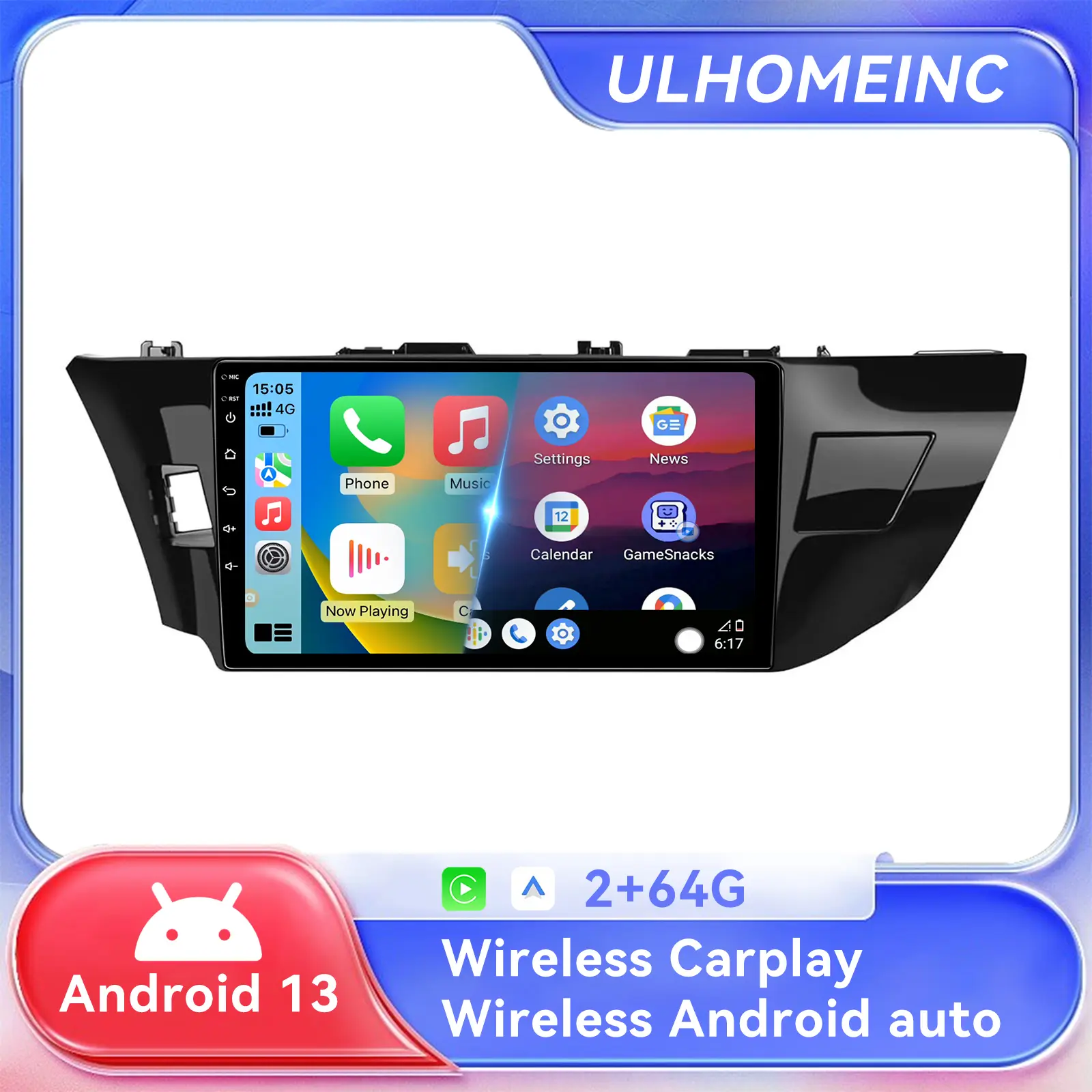 10-inch 4-Core Android Car Stereo Head Unit for Toyota Corolla 2014-2016, 2+64GB with Wireless CarPlay, Android Auto, Voicectrl, Bluetooth, WiFi, GPS Navigation, High-Definition AHD Backup Cam, LED Touchscreen Car Radio, Wirelesssync