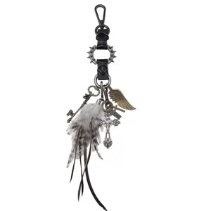 Punk Gothic Heavy-Duty Feather Cross Keychain - Vintage Angel Wing, Spike Leather Bag Charm, Alt Aesthetic Fashion Accessory