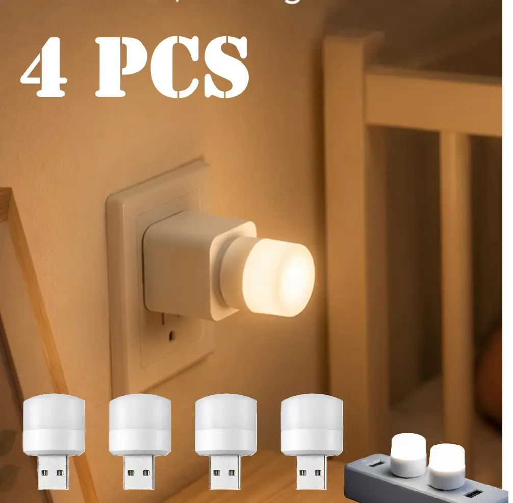 USB Night Light, LED Mini Light Bulb, Plug in Night Light, Small Night Lights, Warm White, USB Light Bulb for Bedroom, Bathroom, Hallway, Nursery, Kitchen, Car Tiny Light 4PS Smartphones