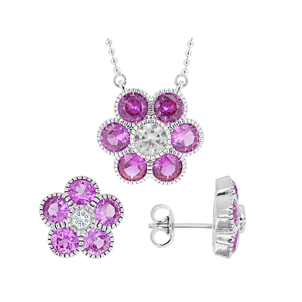 JTV Lab Pink Sapphire Rhodium Over Brass Pendant with Chain and Stud Earrings Set 9.52ctw