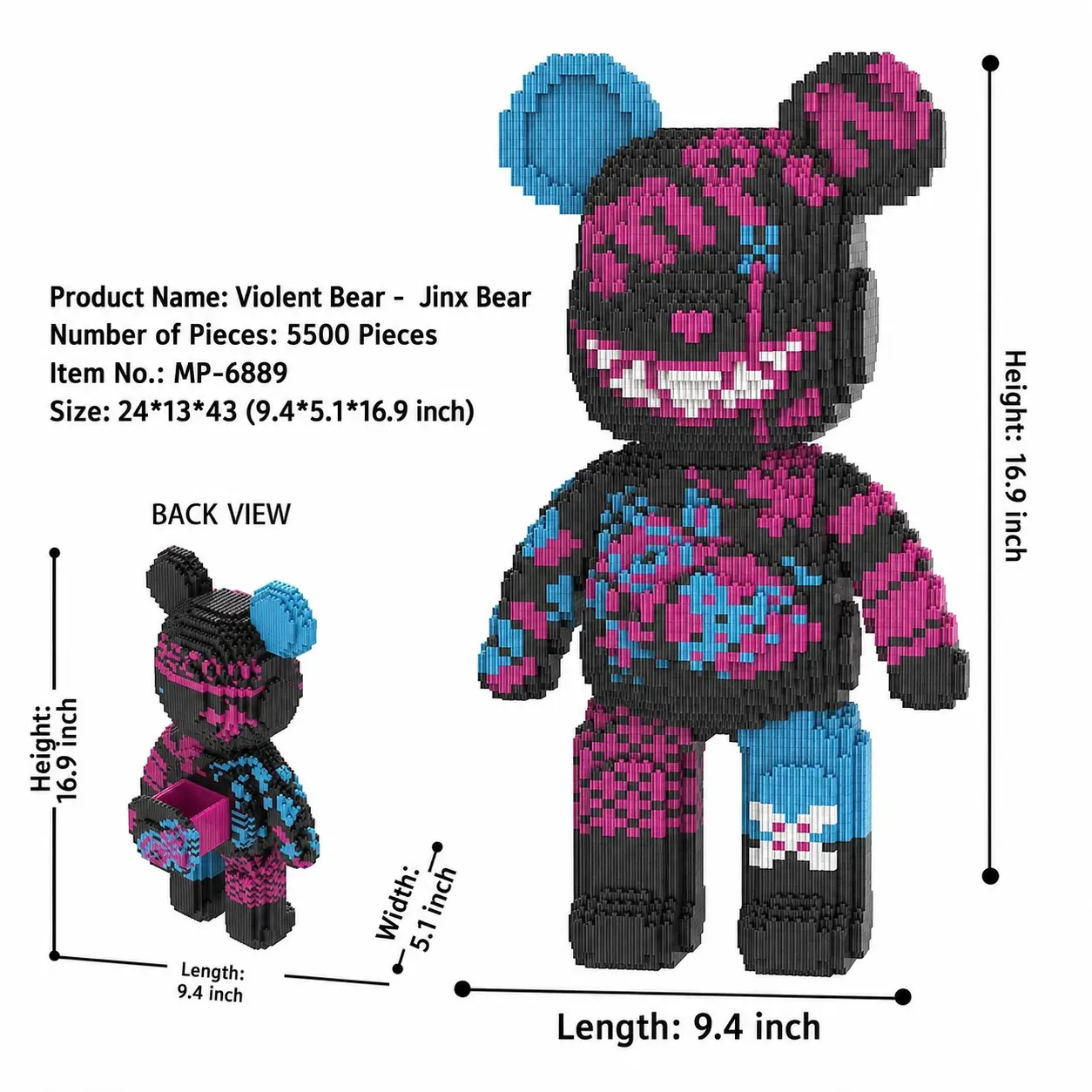 Bear Building Blocks Set - Reusable Bricks Diorama Kits, 3D DIY Model, Compatible with Lego, Teen Boy Gift, Children Development Aid, Stress Relief, Home Office Decor Toy