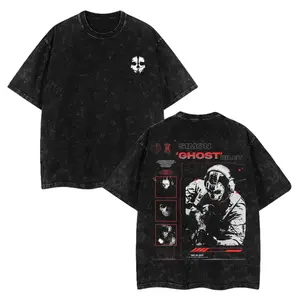 Top Men's Ghost COD Double Printed Oversize Acid Washed Cotton Graphic Tee, Casual Day Wear Short-Sleeve T-Shirt, Vintage Retro Gaming Black Menswear Top