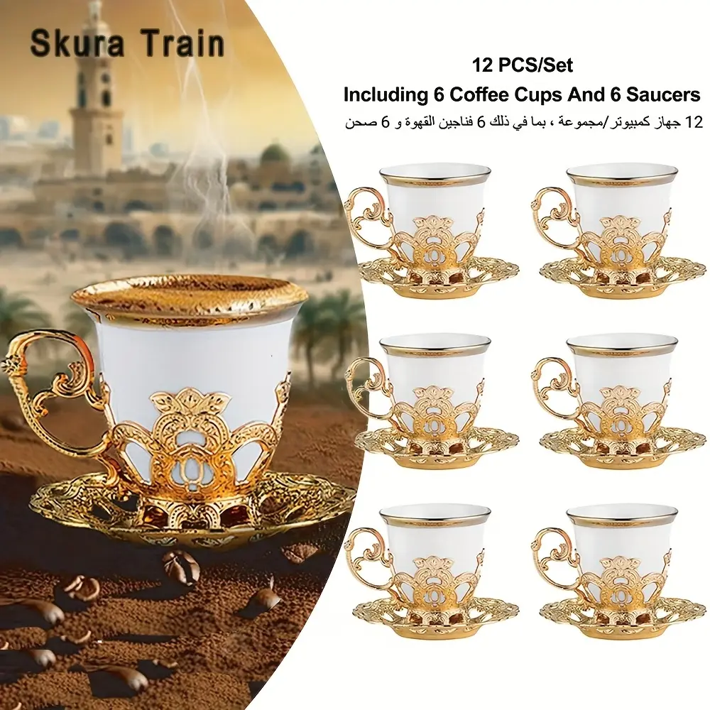European Style Ceramic Coffee Cup and Saucer Set - 6 Cups, 6 Plates, Classic Glam Home Decor, Light Luxury Gold Luxury Edge Electroplated High-End Kitchen Drinkware
