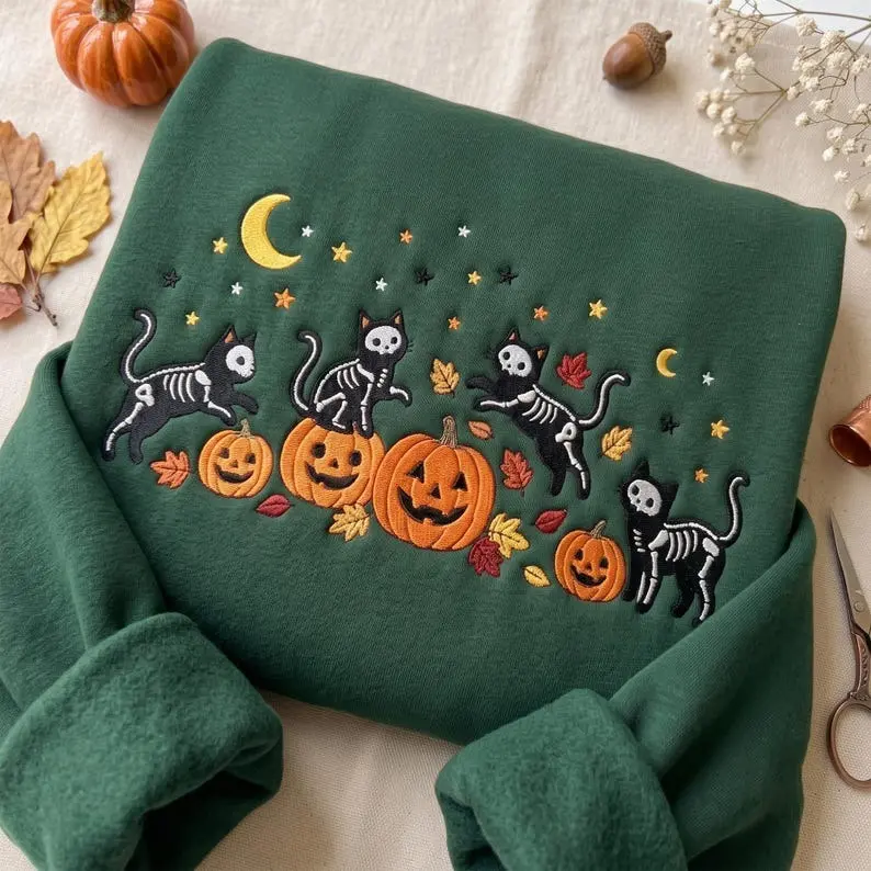 Embroidered Halloween Black Skeleton Cat Sweatshirt, Creepy Fall Pumpkin Crewneck, Cozy Halloween Hoodie, Cute Autumn Tee, Cat Lover Gift