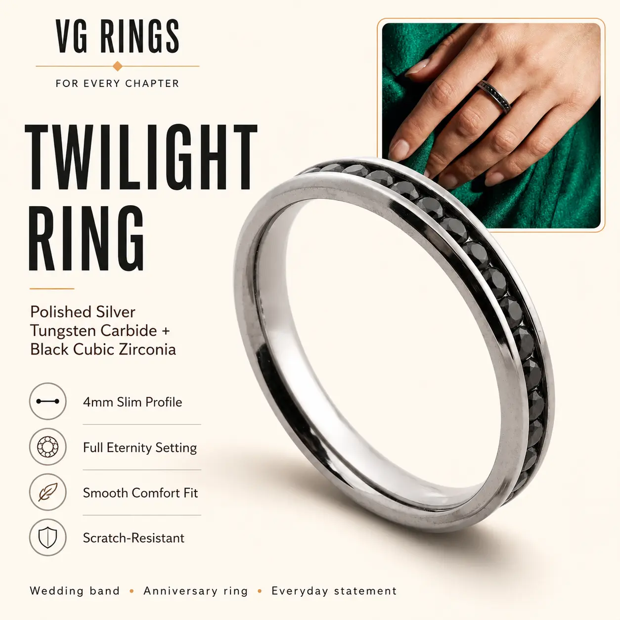 Women's Twilight Ring, 4mm Polished Silver Tungsten Carbide Band with Black Cubic Zirconia Eternity Setting