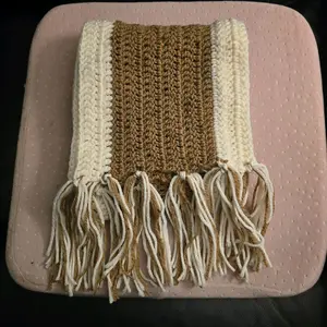 Handmade Crocheted Scarf with Fringe in Brown and Cream Colors for Cozy Winter Wear