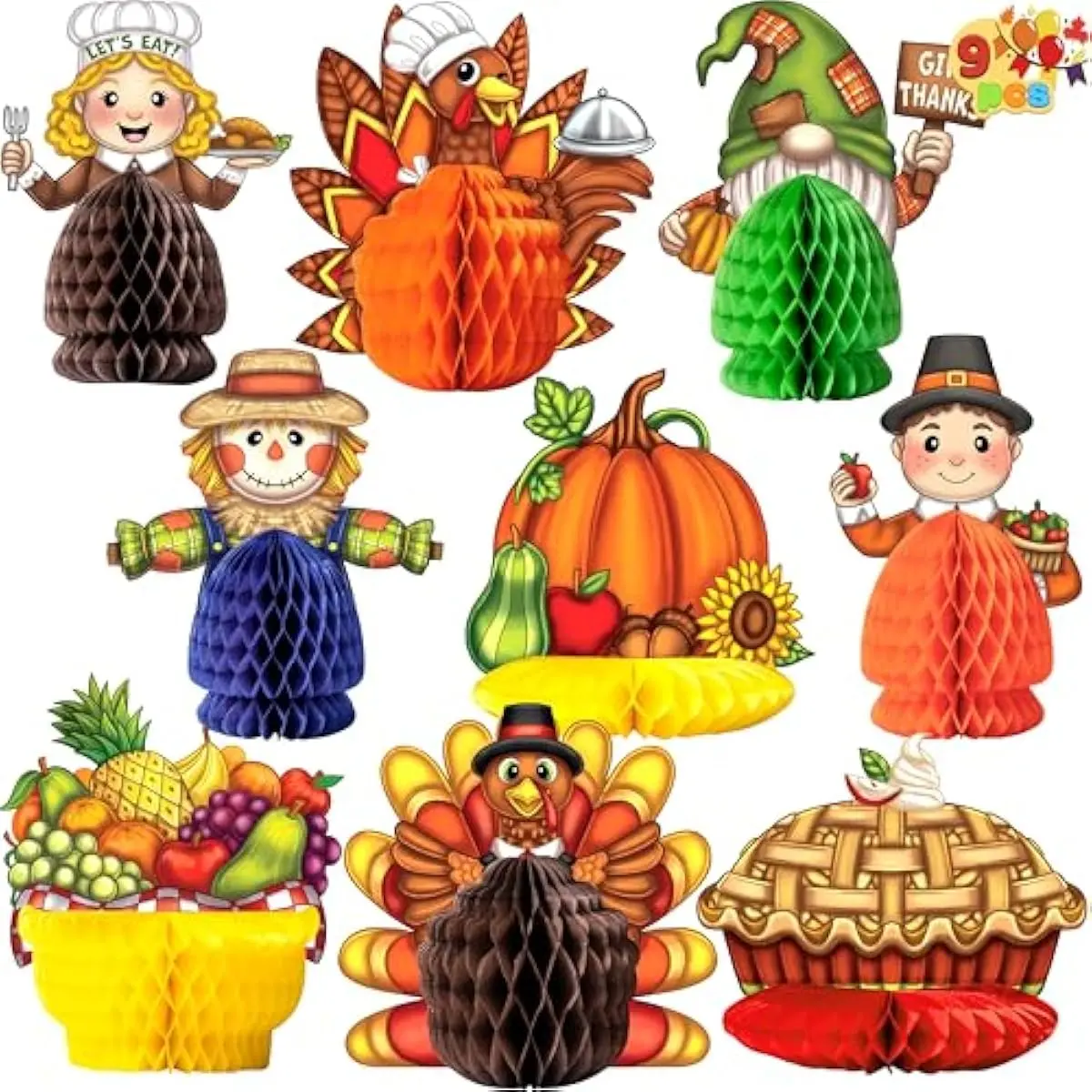 9 Pcs Thanksgiving Honeycomb Decorations Set, Pumpkin & Scarecrow Designs Tabletop Centerpieces, Thanksgiving Supplies for Autumn Party Favors, Table, Classroom Decoration