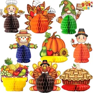 9 Pcs Thanksgiving Honeycomb Decorations Set, Pumpkin & Scarecrow Designs Tabletop Centerpieces, Thanksgiving Supplies for Autumn Party Favors, Table, Classroom Decoration
