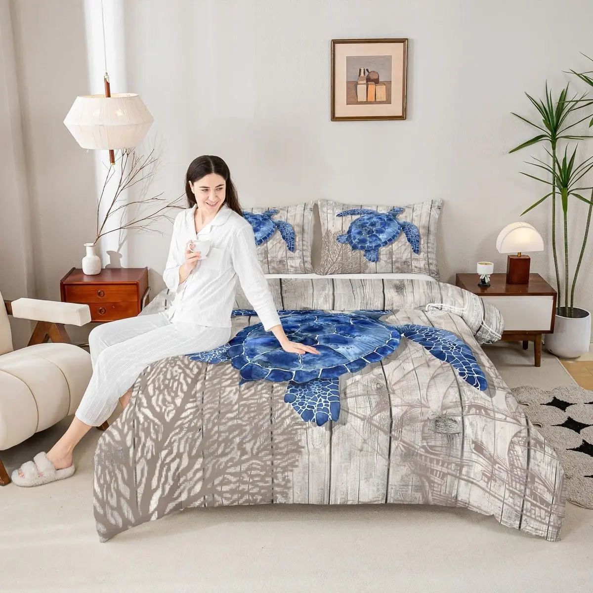 Sea Turtle Comforter Set Sailboat Bedding Set Women Adults Vintage Wood Planks Comforter Reptile Animal Quilted Duvet Set Bedroom Collection