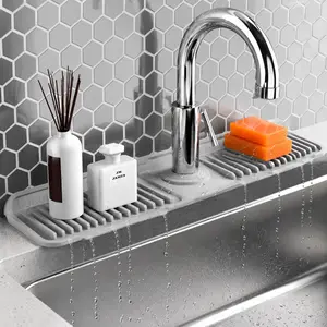 Silicone Faucet Splash Guard Mat for Kitchen & Bathroom Sink, Fast-Draining Sink Organizer Tray for Soap, Sponge & Dish Brush