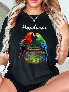 Honduras-Inspired Parrot Print T-Shirt For Women - Casual Crew Neck, Short Sleeve Top, Spring/Summer Collection, Stretchy Cotton Blend