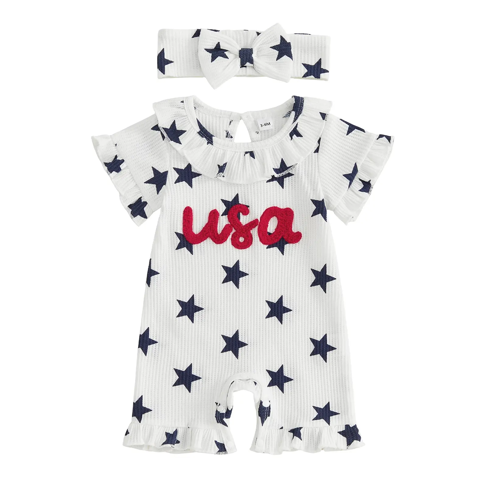 Babamoon Infant Baby Girls 4th of July Rompers Letter Embroidery Star Print Ruffles Short Sleeve Onesie Bodysuits Jumpsuits with Headband, Graphic, Casual Rompers