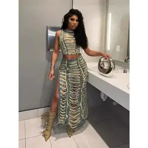 Women's Denim Set Fashionable Handmade Distressed Vest High Slit Denim Skirt Set Clothes Suits(Sheet)