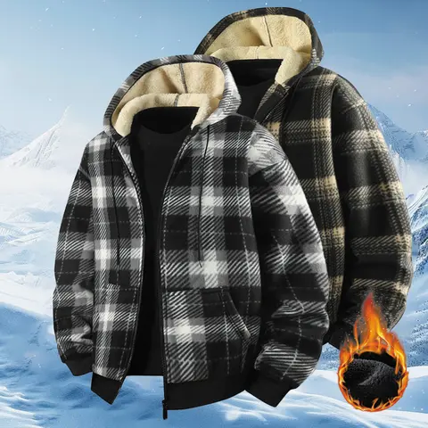 Men's Basic Fitted Checked Fleece-Lined Long-Sleeve Hooded Jacket - 2025 New Arrivals, Warm Chic Streetwear, Autumn Winter Medium Plaid Casual Menswear Tops (Hoodies & Sweatshirts)