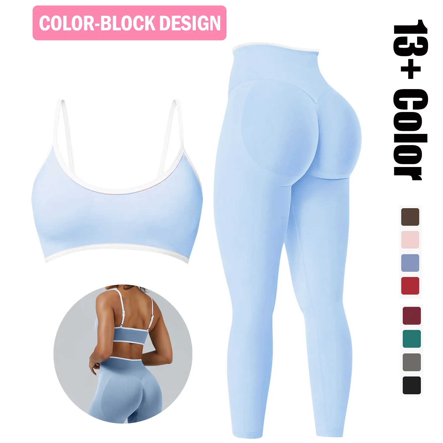 BBFIRA 2 Pieces Workout Sets for Women, Womens 2 Piece Workout Sets Seamless Color Block Sports Bra Scrunch Butt Lifting High Waist Leggings Gym Set,summervibes,Summeroutfit