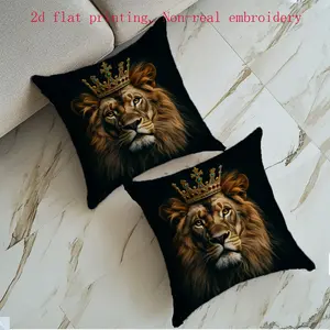 Luxury Style Pillowcases Set, Lion & Crown Design, Background, 2pcs Flat Printing, Suitable for Living Room Sofa Bed Decor