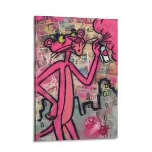 Street Art Graffiti Pink Panther Poster Canvas Print, Spray Painting Pop Art Wall Decor for Bedroom, Dorm, Game Room, Living Room, Office, Ideal Gift for Street Art Fans