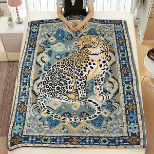 Boho Leopard Persian Rug Pattern Blanket, 1 Count Soft Warm Flannel Throw Blanket, Cozy Nap Blanket for Home Office Travel