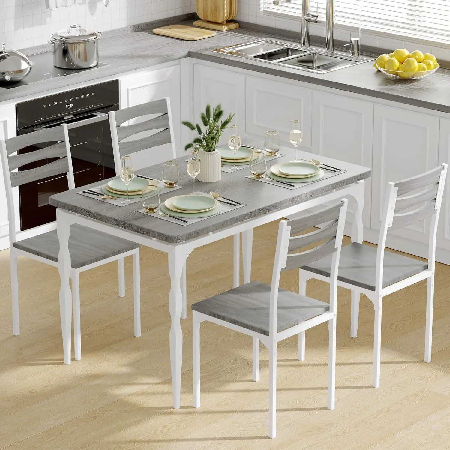 【Christmas Gift】5 Piece Dining Table Set, Industrial Style Dining Table and Chairs Set for 4, Kitchen Table Set for Dining Room Kitchen Apartment, Grey