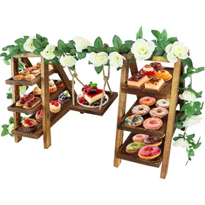 3 Tier Cupcake Stand with Swing and Flower,Wooden Cupcake Display Stand Set,Removable Trays and Foldable Stand for Cake Snack Fruit Chips Bread, Table Display at Birthday Wedding Party Home Decor