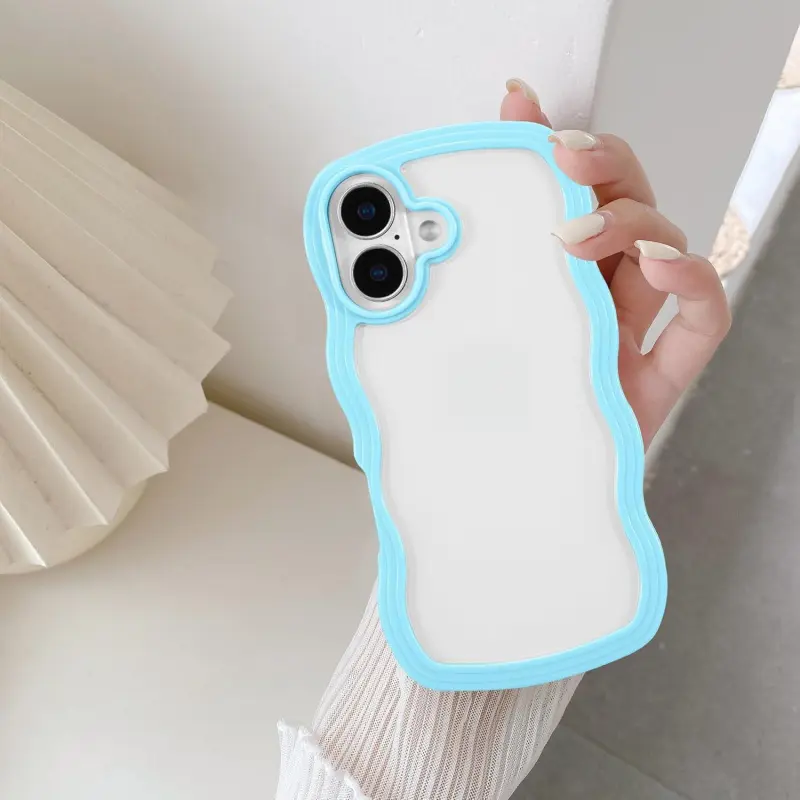 Phone case Compatible with iPhone 17 16 15 14 13 12 pro max plus Case, Cute Curly Wave Frame Clear Case for Girls Women, Transparent Soft Silicone TPU Bumper Shockproof Protective Cover
