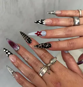 Y2K Colorful Press On Nails, Long Stiletto Nails, Checkerboard Zebra Star Design