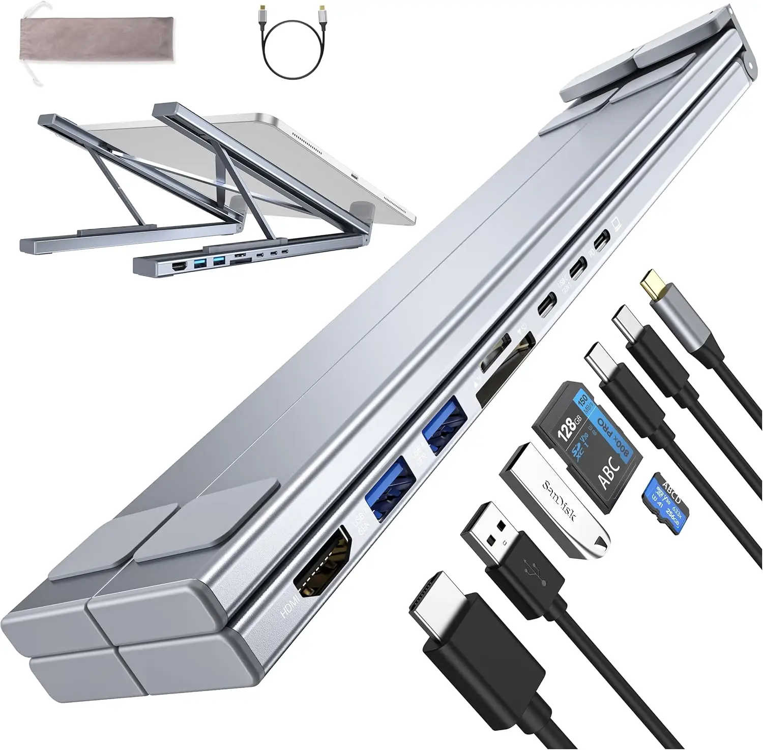Mukiya USB C Laptop Stand with Docking Station, 7 in 1 USB C Hub with 4K HDMI, 3xUSB C, 2xUSB A, 1xSD, 1xTF Port for MacBook/Dell/HP/Surface/Lenovo Sp