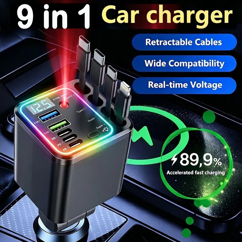 Retractable Automotive High Speed Car Charger - QC3.0&PD2.0, 150W Max, Plastic, 4 Retractable Cables, 5 Ports, 9-in-1, Smart Chip, LED Voltage Display, Universal for iPhone & Android, Road Trip Companion, Multi-Port Mobile Phone Accessory