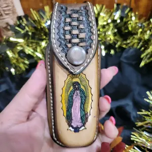 LEATHER SHEATH WITH BELT LOOP VIRGEN DEGUADALUPE  DESIGN  5.5" FOLDING POCKET KNIFE HANDMADE GENUINE LEATHER HANDPAINTED