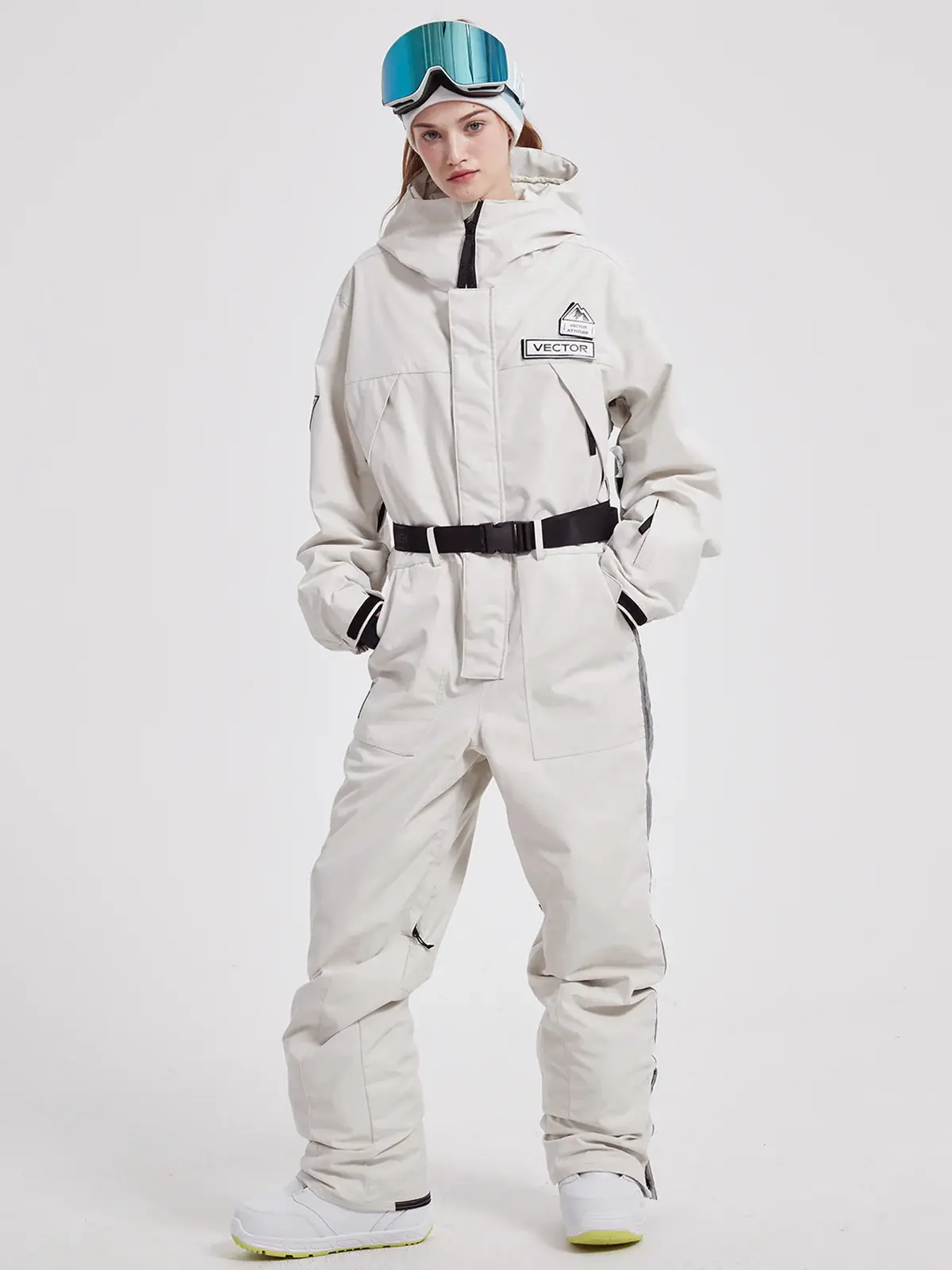 Women's Relaxed Fit Snow Jumpsuit, High Waisted 1-Piece Stretch Ski Suit, 20000mm Waterproof and Insulated for Snowboarding, Skiing, Abrasion Resistance: 15,000 Cycles, Adjustable Hood, Ankle Zippers, Breathability