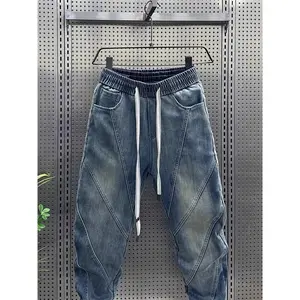 Men's Vintage Washed Denim Jeans 2025 Seasonal Harlequin Cuffed Pants Trendy Brand Patchwork Hipster Cas Long Pants Hong Kong Style with Knot Detail